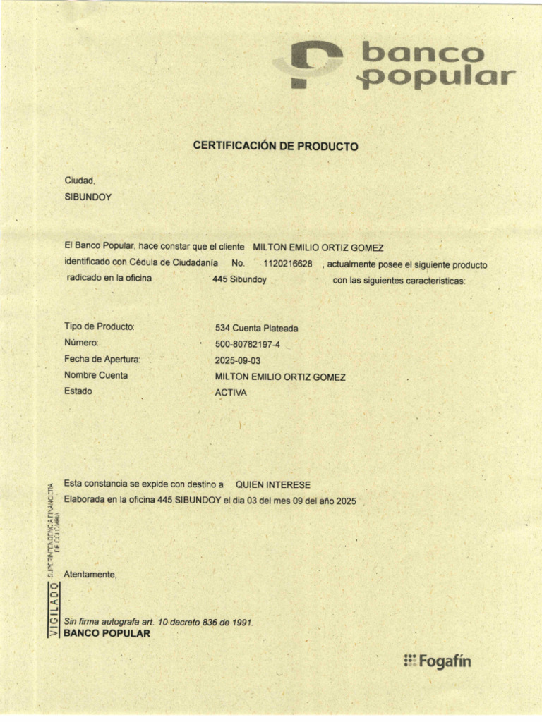 Certificado Banco | PDF