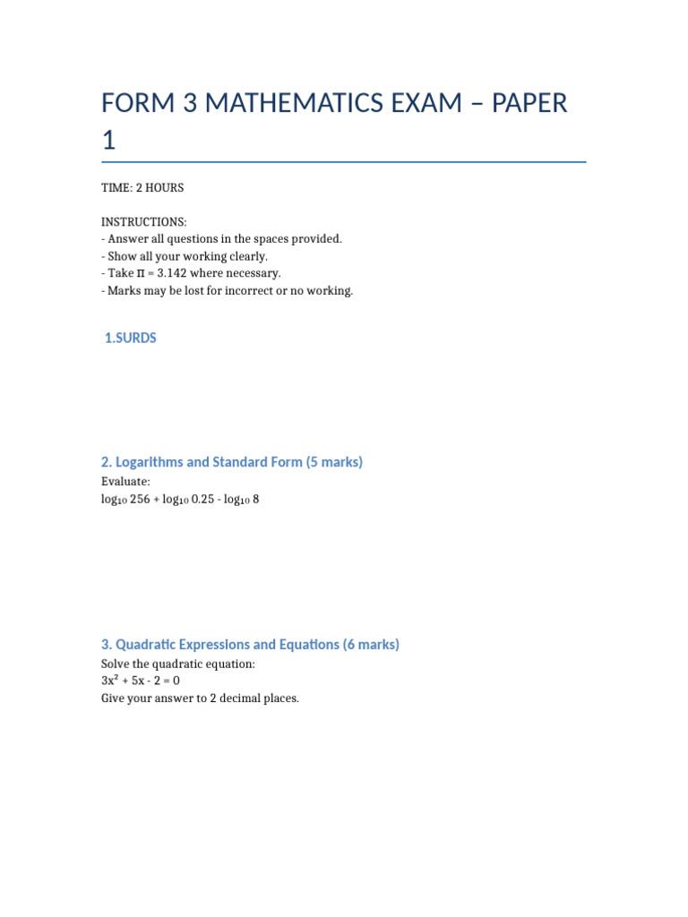 Form 3 Mathematics Exam[1] | PDF