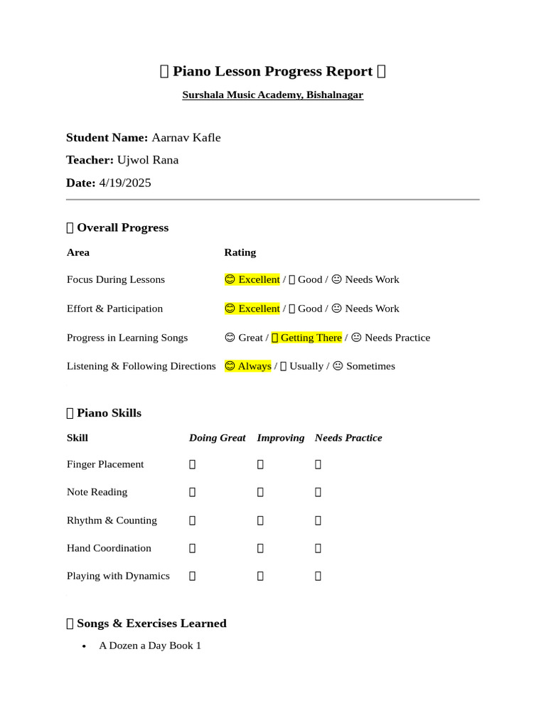 Piano Progress Report for Aarnav Kafle | PDF