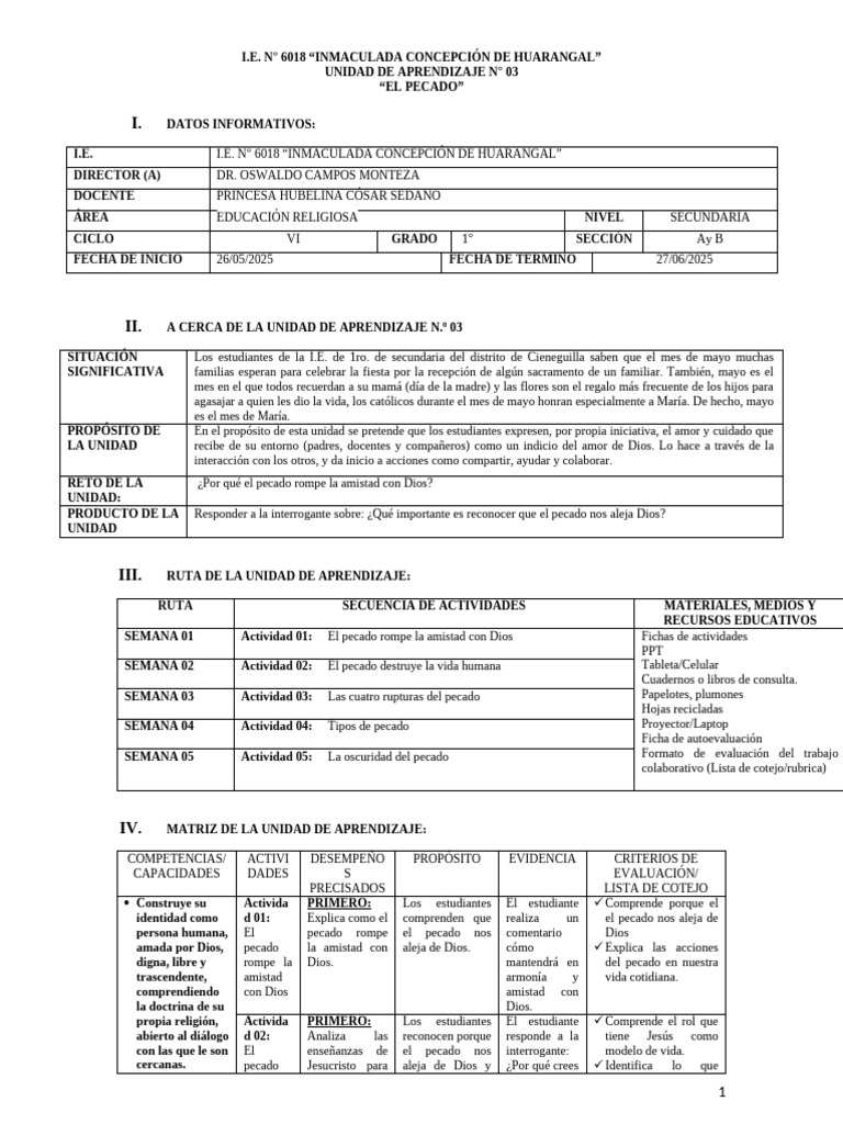UNIDAD DE APRENDIZAJE 03 1ro | PDF | Pecado | Aprendizaje