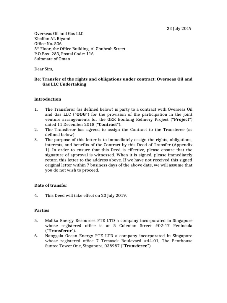 Cover Letter Deed of Transfer of Undertaking - Malika Nanggala OOG | PDF