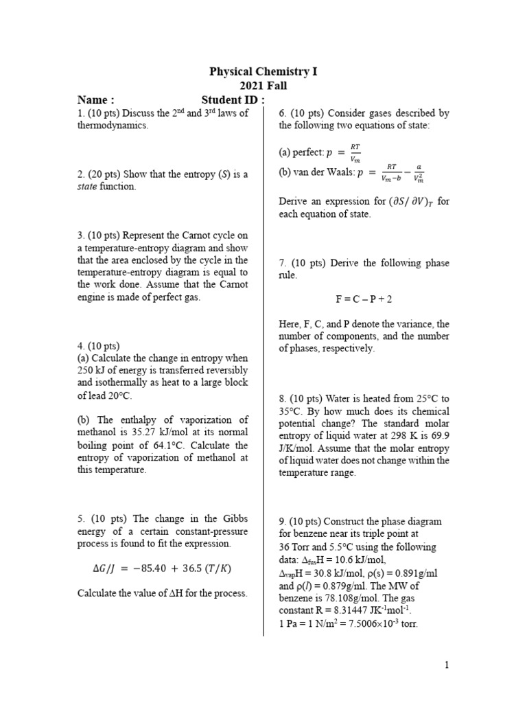 Physical Chemistry I Exam Questions | PDF | Entropy | Gases