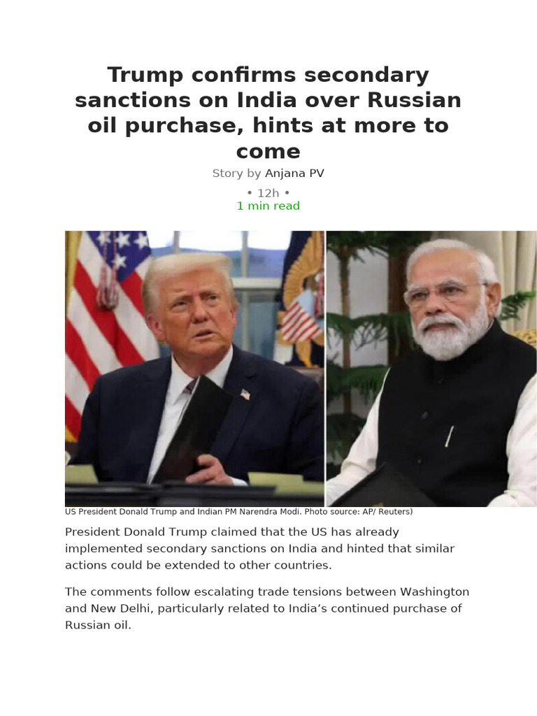Trump Confirms Secondary Sanctions On India Over Russian Oil Purchase ...