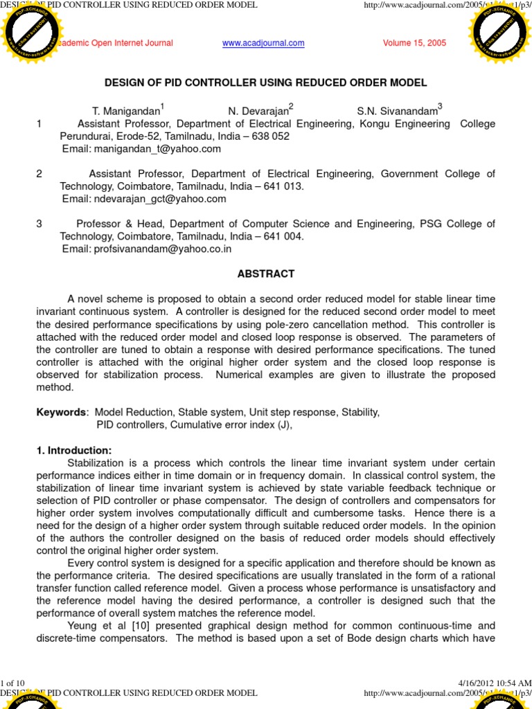 Design of Pid Controller Using Reduced Order Model | PDF | Signal ...