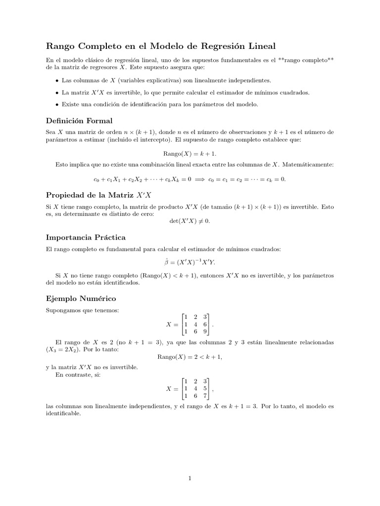 Rango Completo en Regresión Lineal | PDF