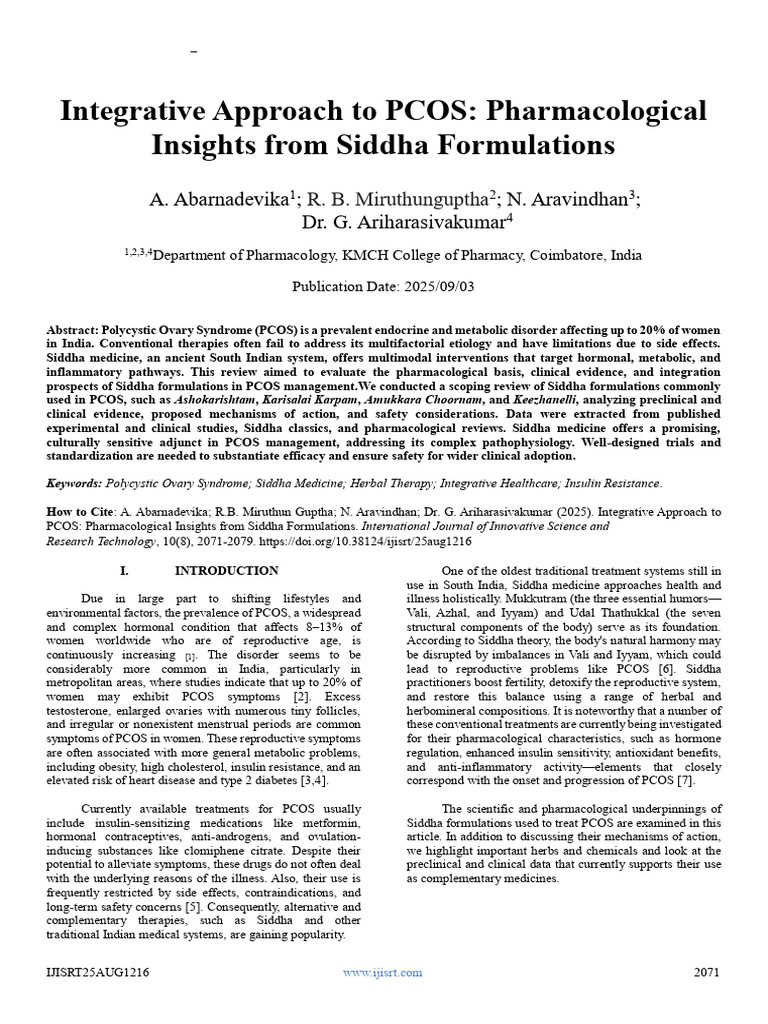 Integrative Approach To PCOS: Pharmacological Insights From Siddha ...