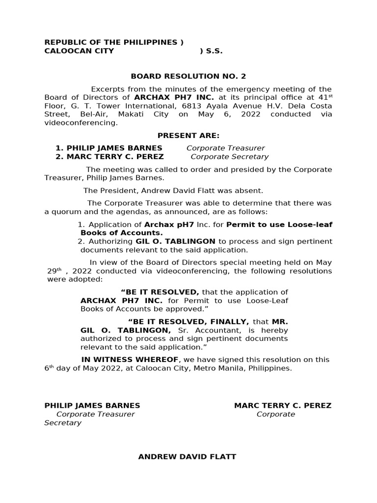 Board Resolution for Archax PH7 Inc. | PDF