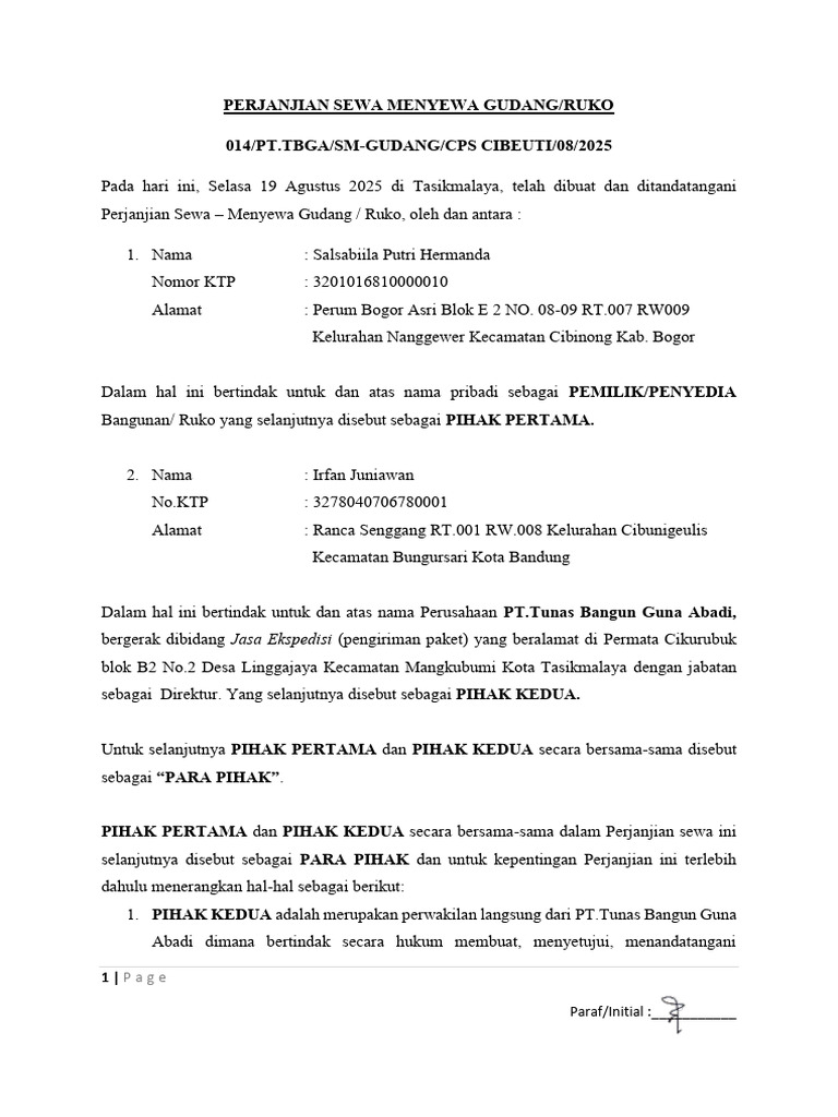 Perjanjian Sewa Menyewa Ruko Tsk08 Pihak Pertama | PDF