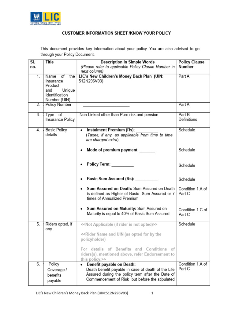 Final CIS LIC's New ChildrensMoney BackPlanV03 | PDF | Insurance ...