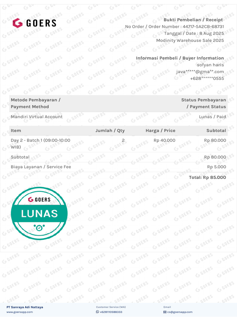 Receipt Modinity Warehouse Sale 2025 - 08082025 - 44717-5A2CB-68731 | PDF