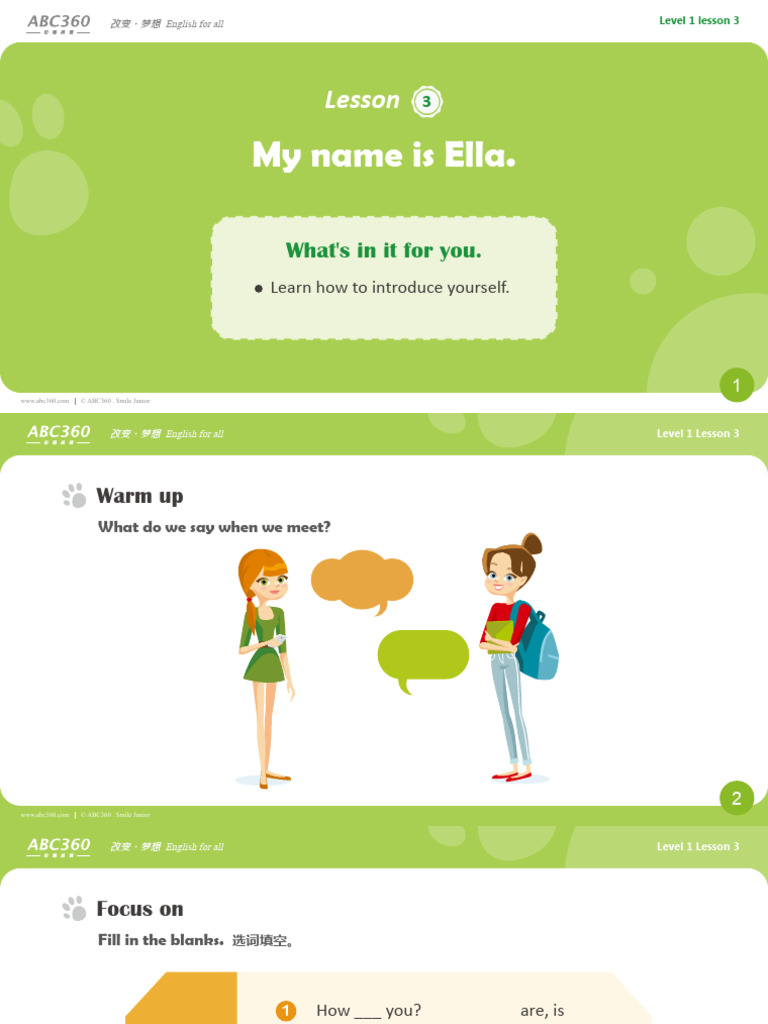 Level 1 English: Self-Introduction Lesson | PDF