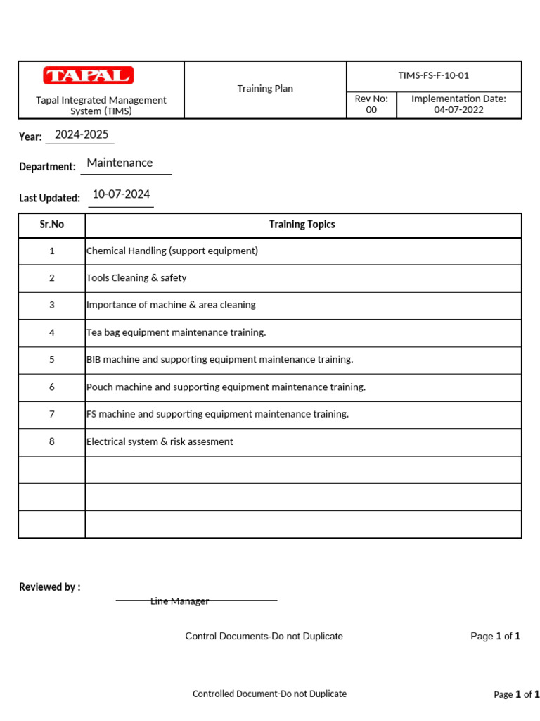 2024-2025 Maintenance Training Plan | PDF