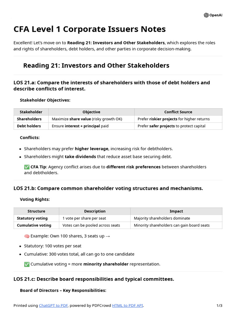 CFA Level 1: Corporate Issuers Insights | PDF | Corporate Governance ...