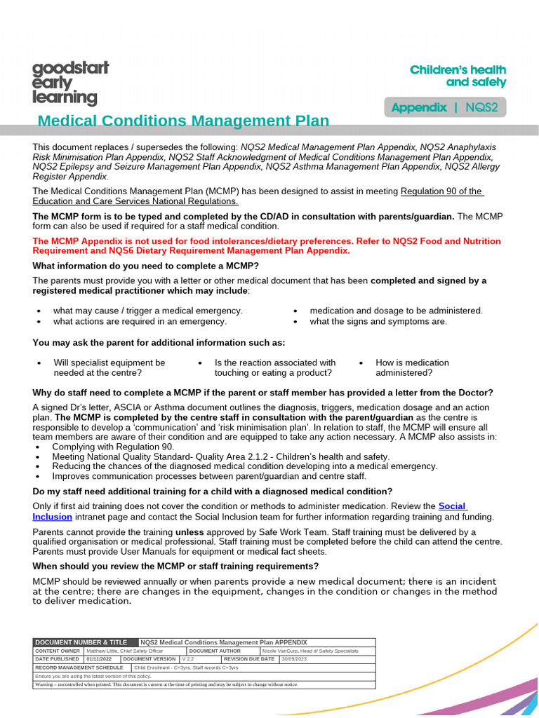 NQS2 Medical Conditions Management Plan APPENDIX | PDF | Medical ...