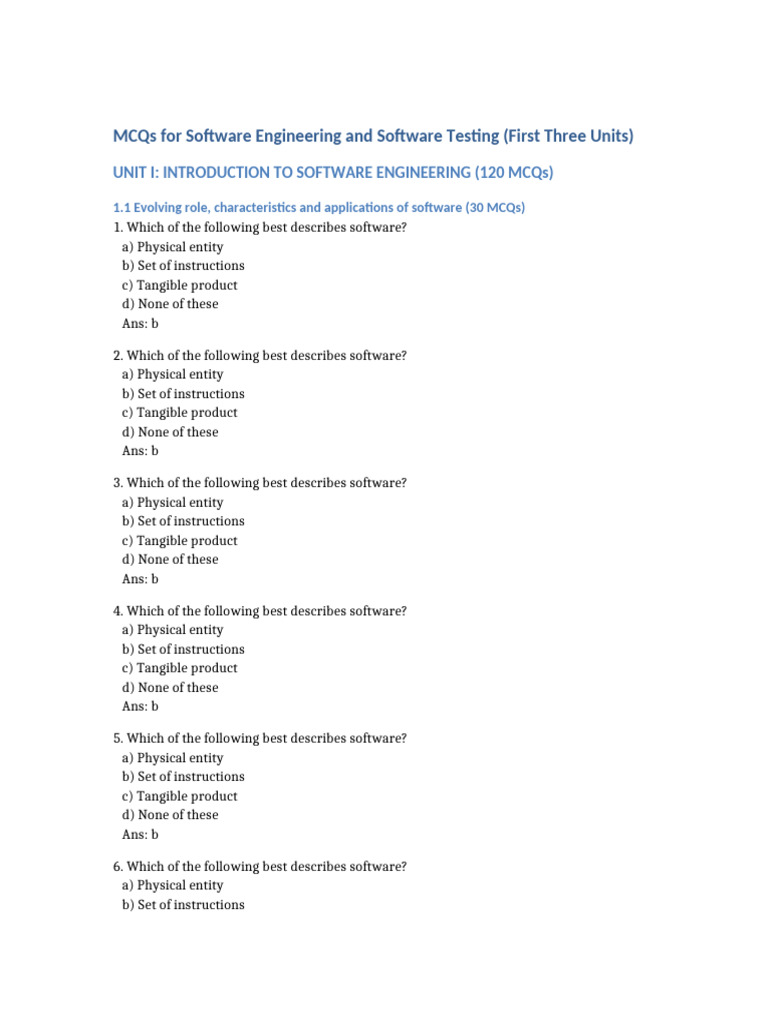 Software Engineering MCQs: Units 1-3 | PDF | Agile Software Development ...