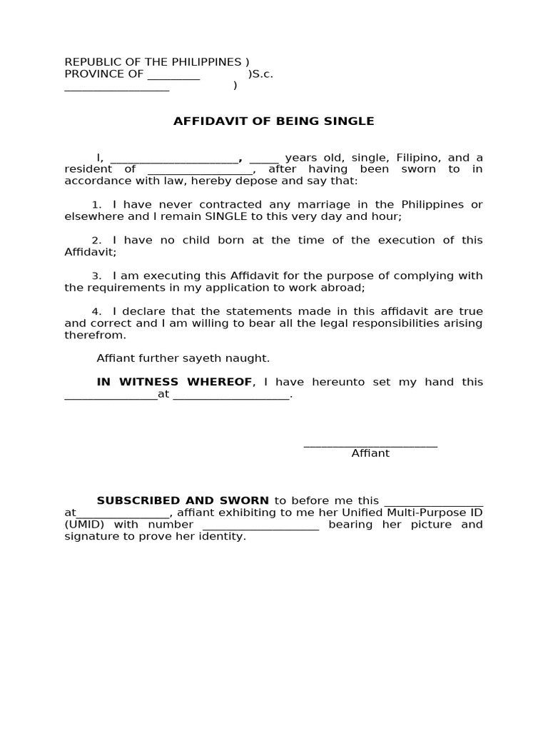 Affidavit of being single Template | PDF