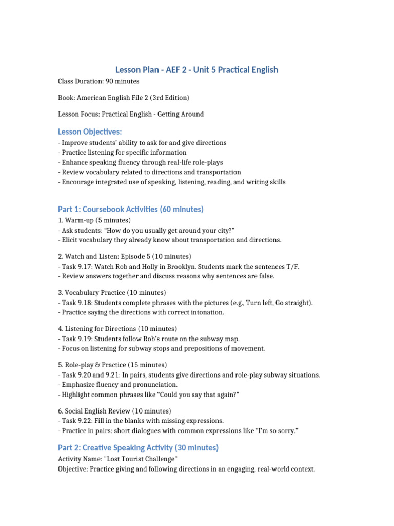 Directions Lesson Plan for AEF 2 Unit 5 | PDF | English Language | Fluency