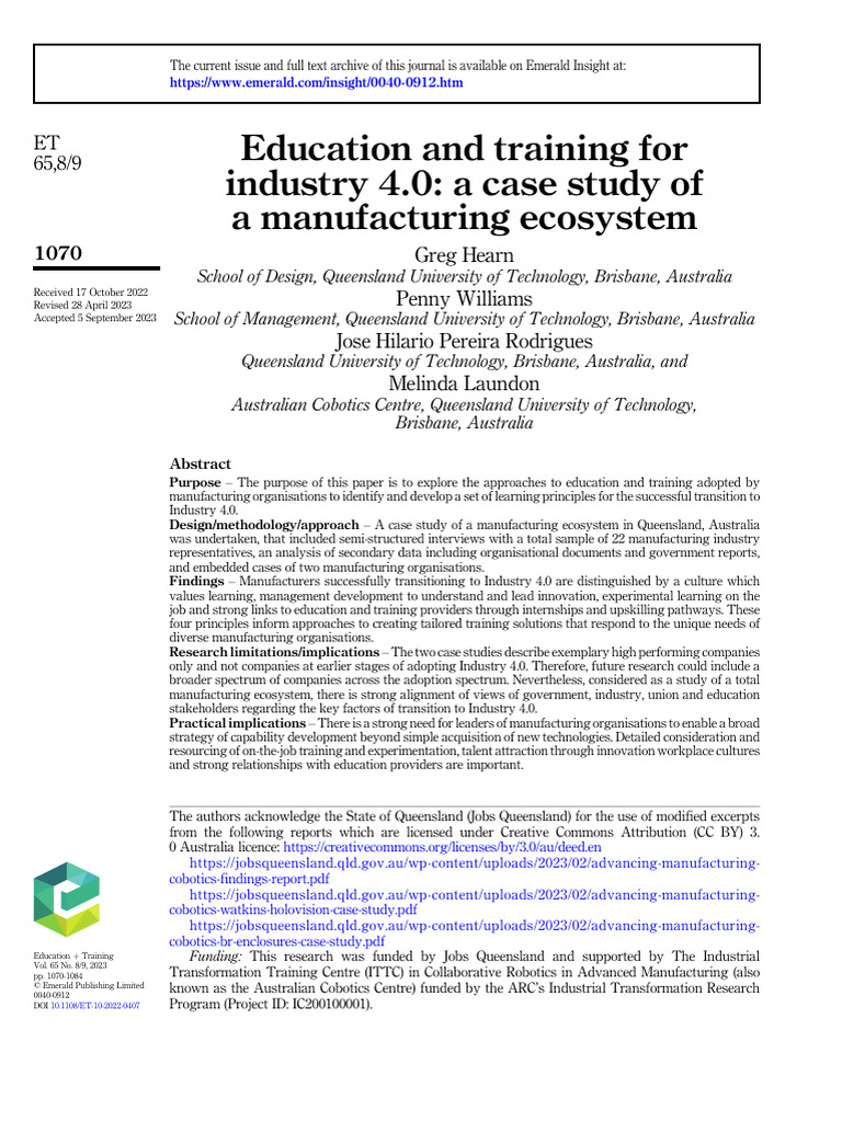Education and Training For Industry 4.0 A Case Study of A Manufacturing ...