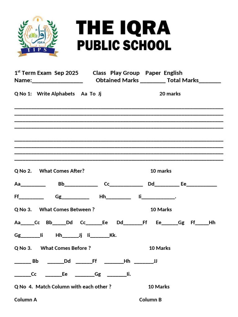Play Group English Exam Paper 2025 | PDF