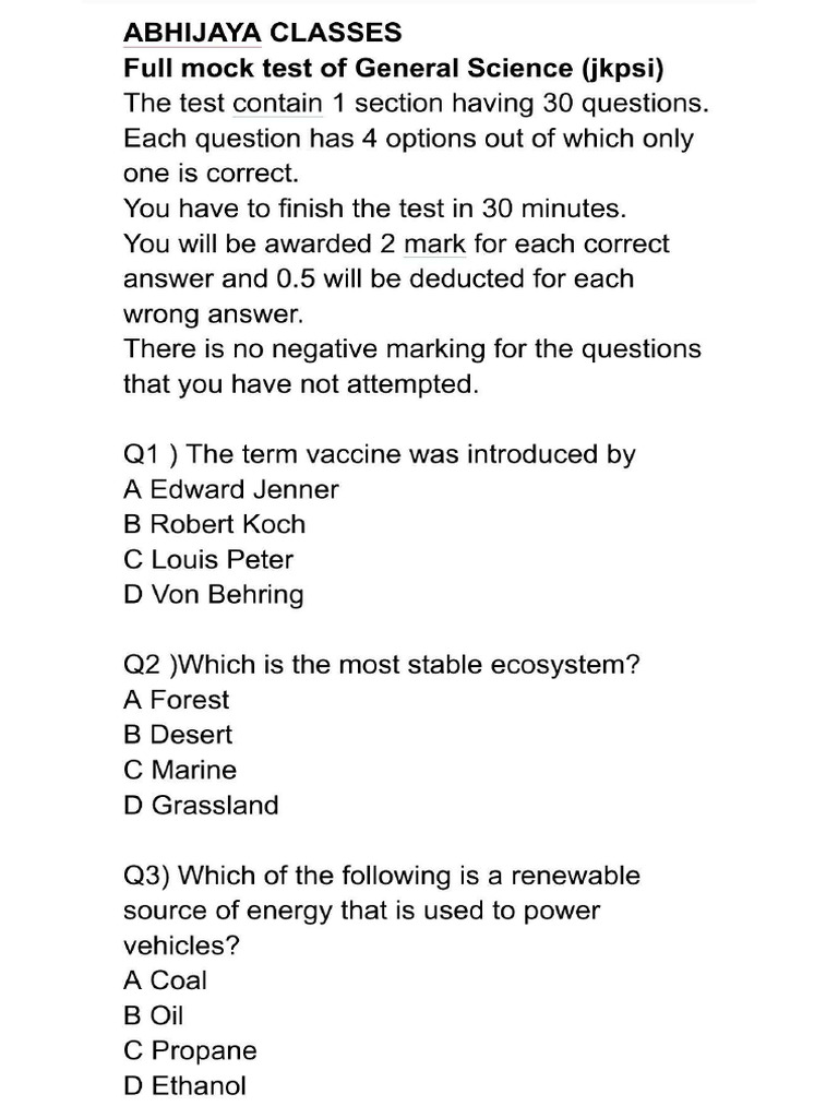 General Science (Full Mock Test of JKPSI) | PDF