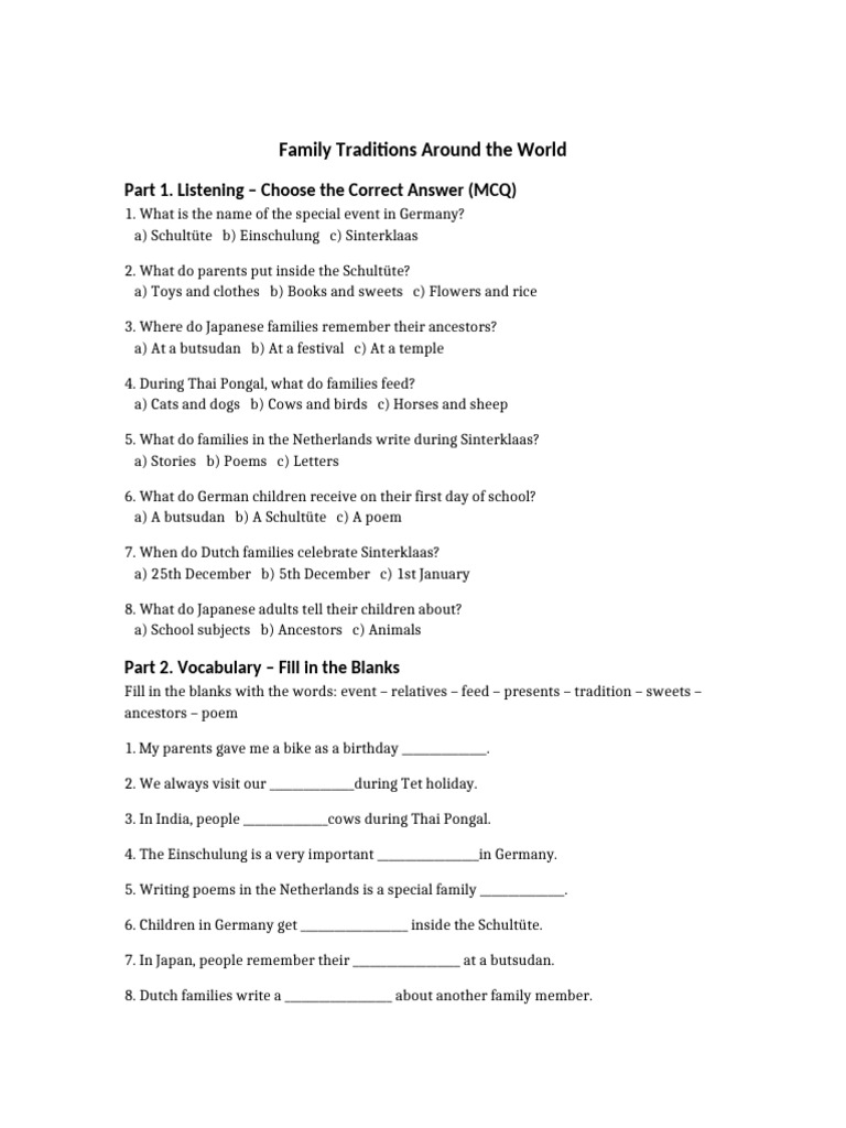 Family Traditions Exercises | PDF