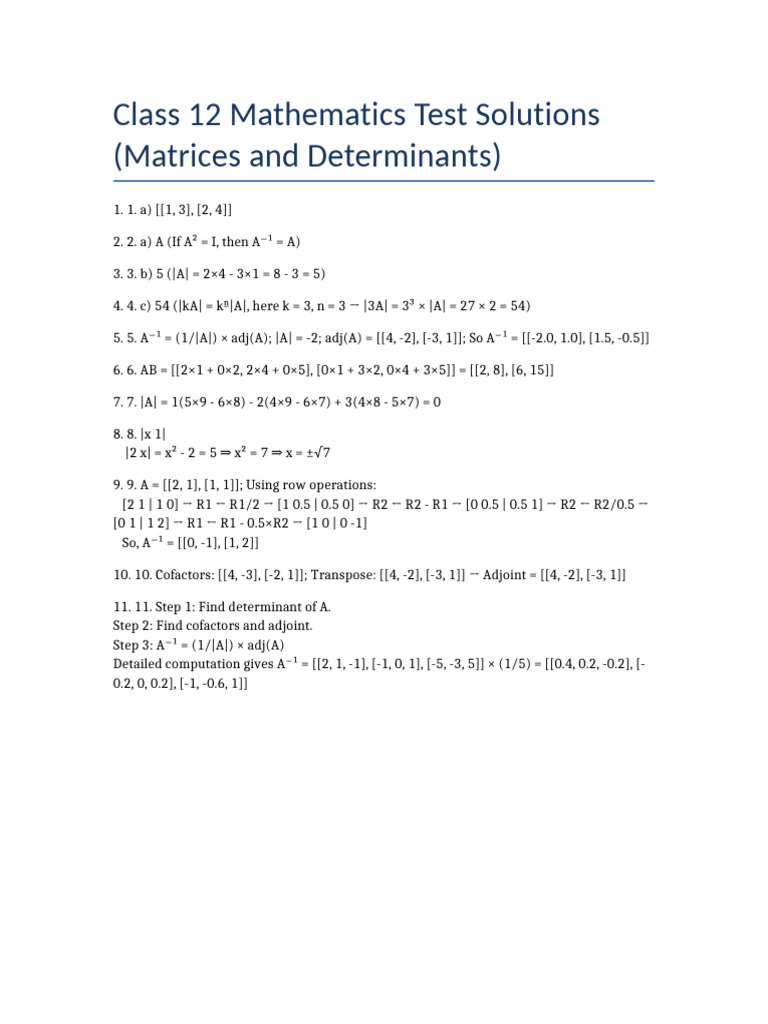 Class 12 Matrices Test Solutions | PDF