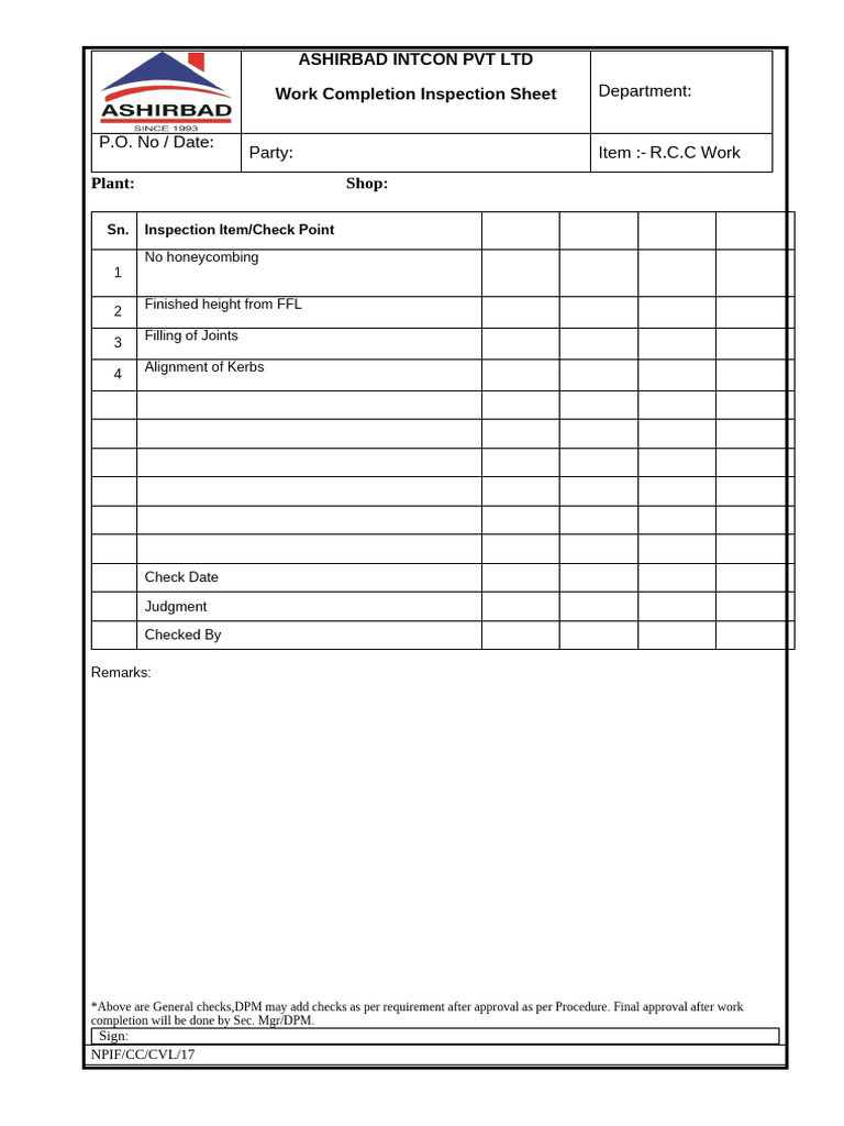 R.C.C Work Inspection Checklist | PDF