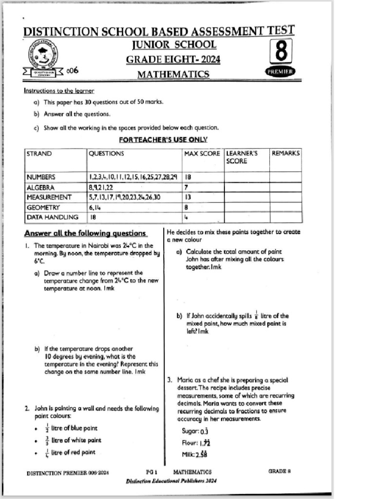Grade 8 KJSEA 006 Distinction School Based Assessment All Subjects With ...