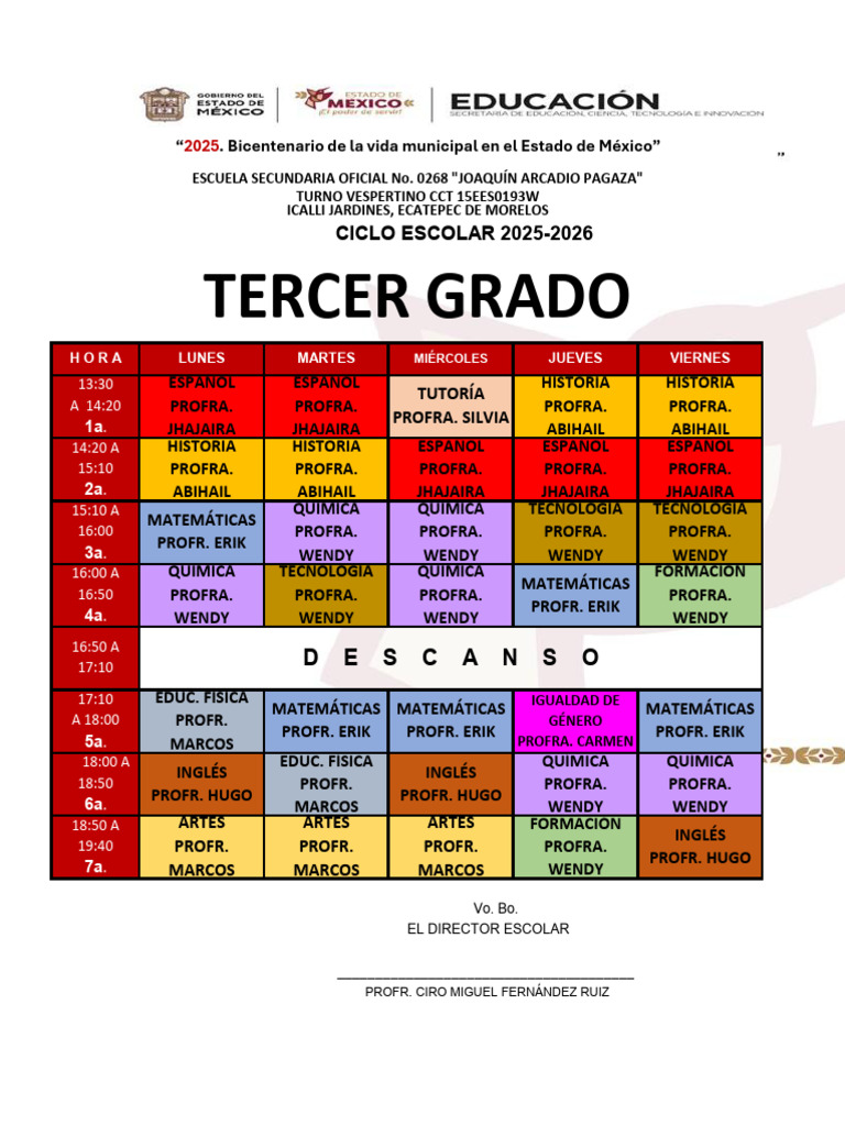Horario Tercer Grado Secundaria 2025-2026 | PDF