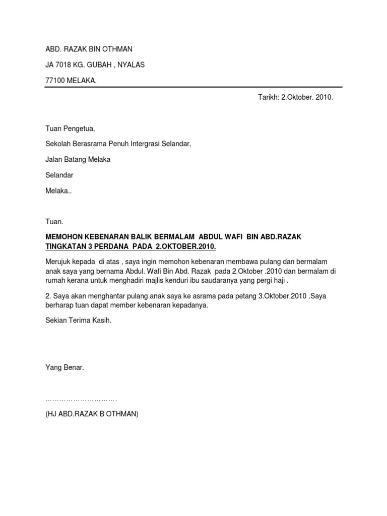 Surat Balik Bermalam Asrama Pdf
