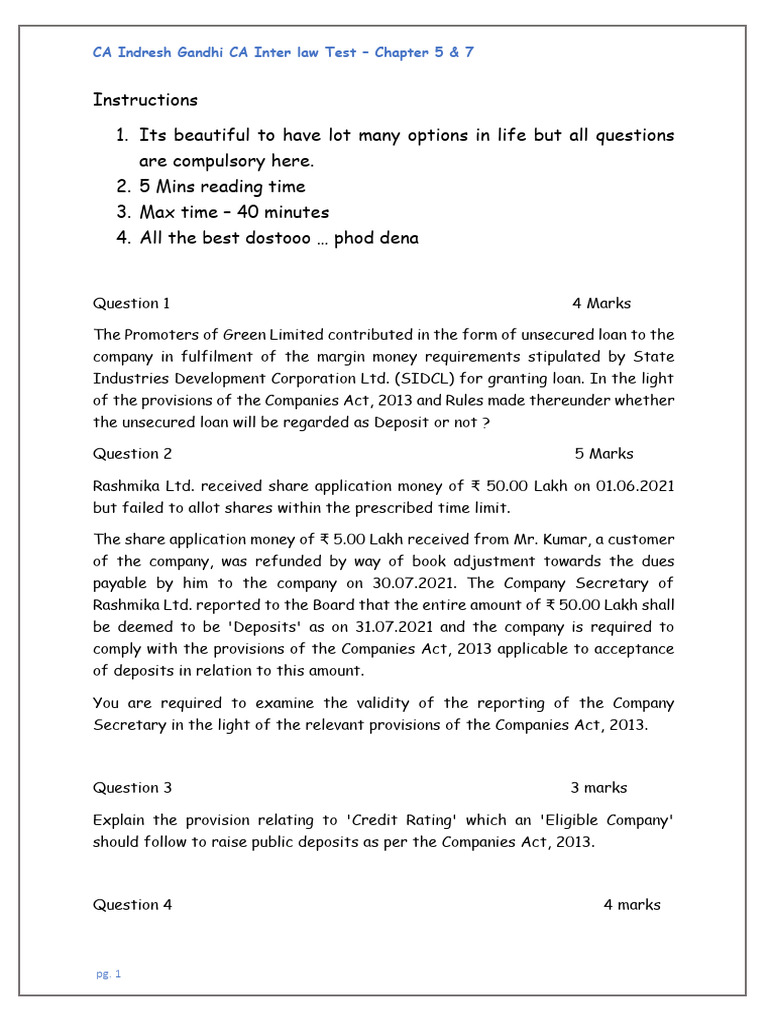 CA Inter Law Test: Chapters 5 & 7 | PDF | Articles Of Association ...