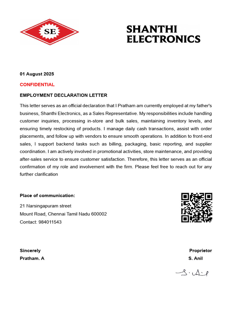 Employment Declaration for Sales Role | PDF