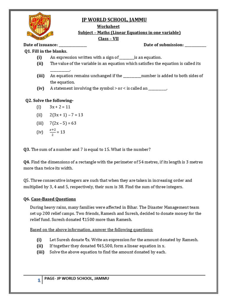 Maths Worksheet: Linear Equations VII | PDF