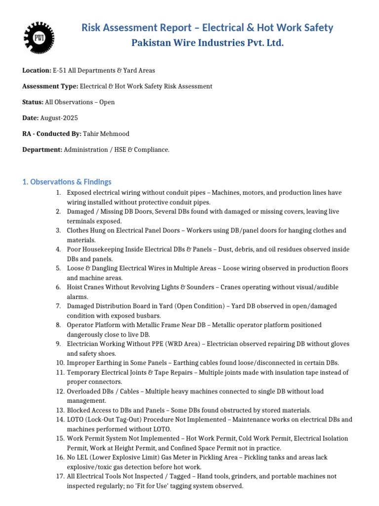 Electrical HotWork Risk Assessment Report | PDF | Electrical Wiring ...