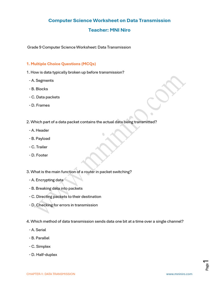 Grade 9 Data Transmission Worksheet | PDF | Duplex (Telecommunications ...