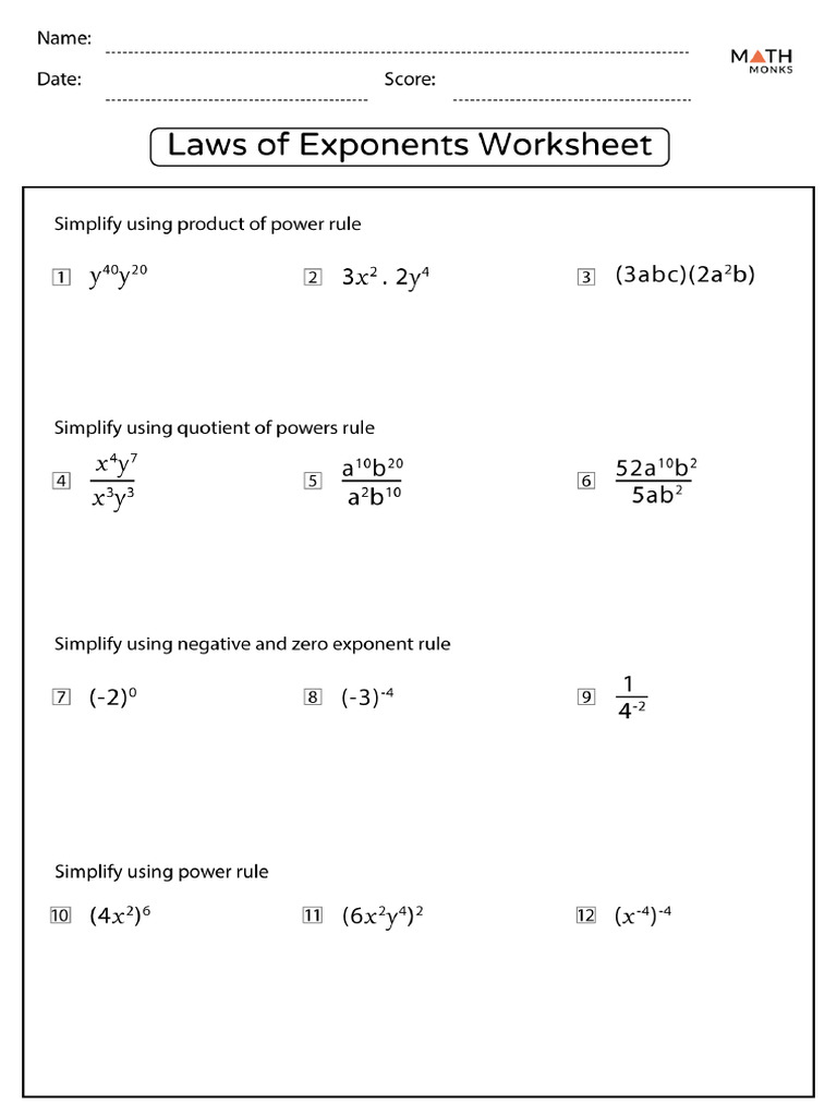 Laws of Exponents Worksheets 8th Grade | PDF