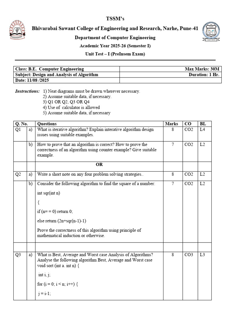 ADA Unit Test Paper 2025 | PDF | Algorithms | Applied Mathematics