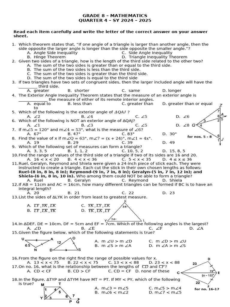 Grade 8 Math Diagnostic Test Q4 2024-2025 | PDF | Angle | Triangle