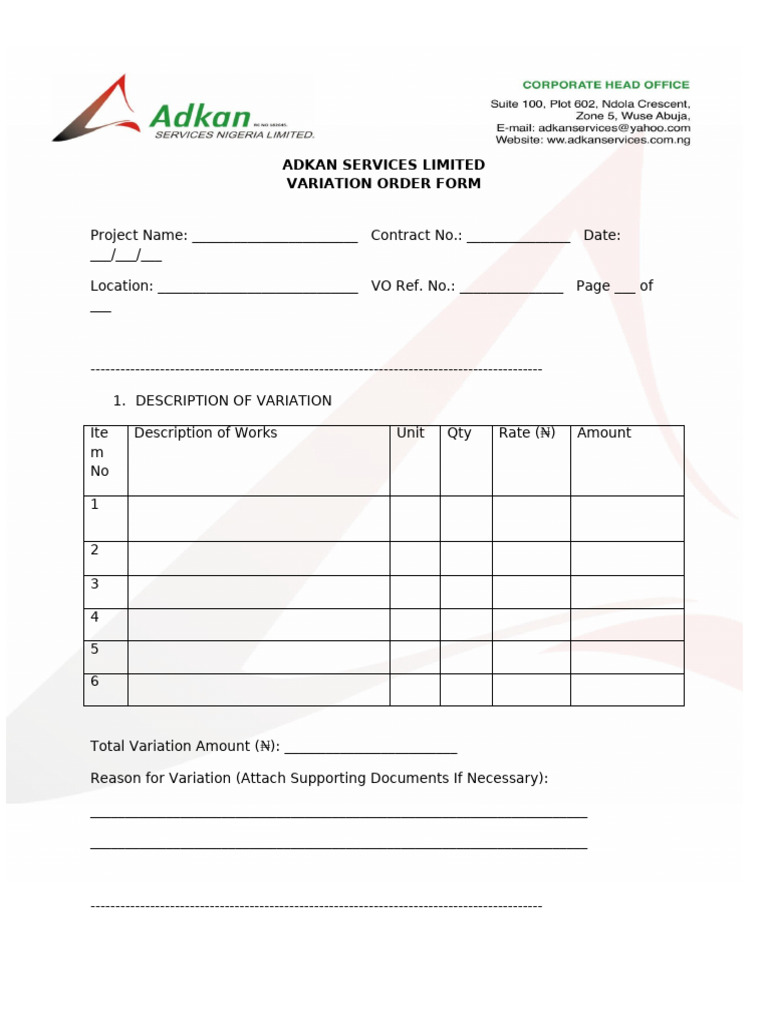 ADKAN SERVICES - Variation Order Form | PDF