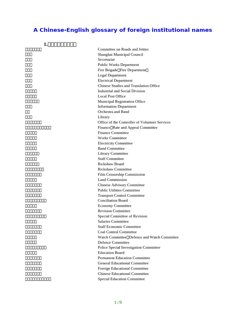 工部局机构译名对照| PDF