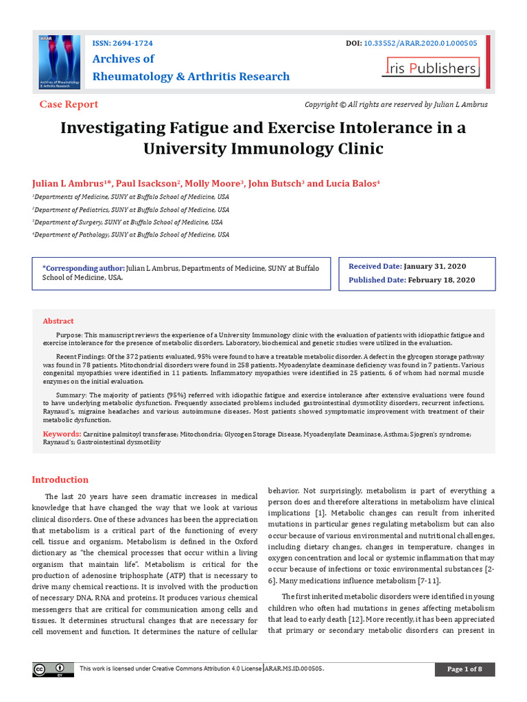 Metabolic Disorders in Exercise Intolerance | PDF | Metabolism ...