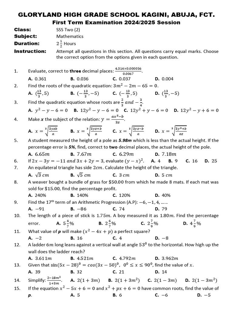 SSS 2 Mathematics Exam Questions 2024 | PDF | Square Root | Elementary ...