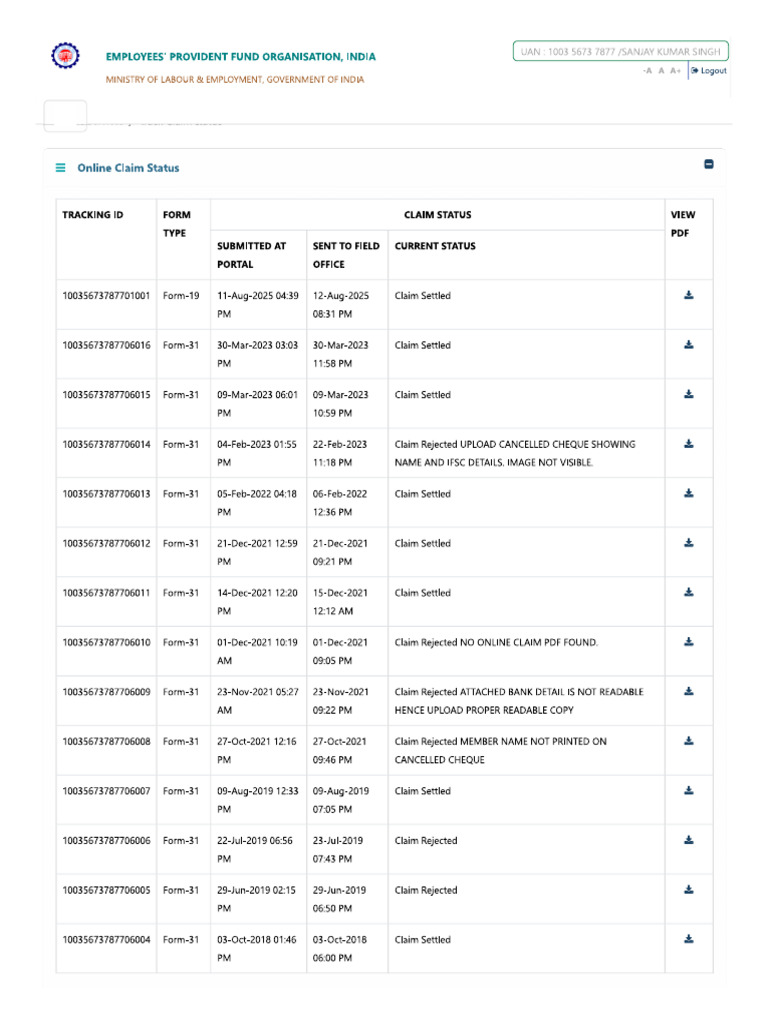 EPFO Online Claim Status Tracking | PDF
