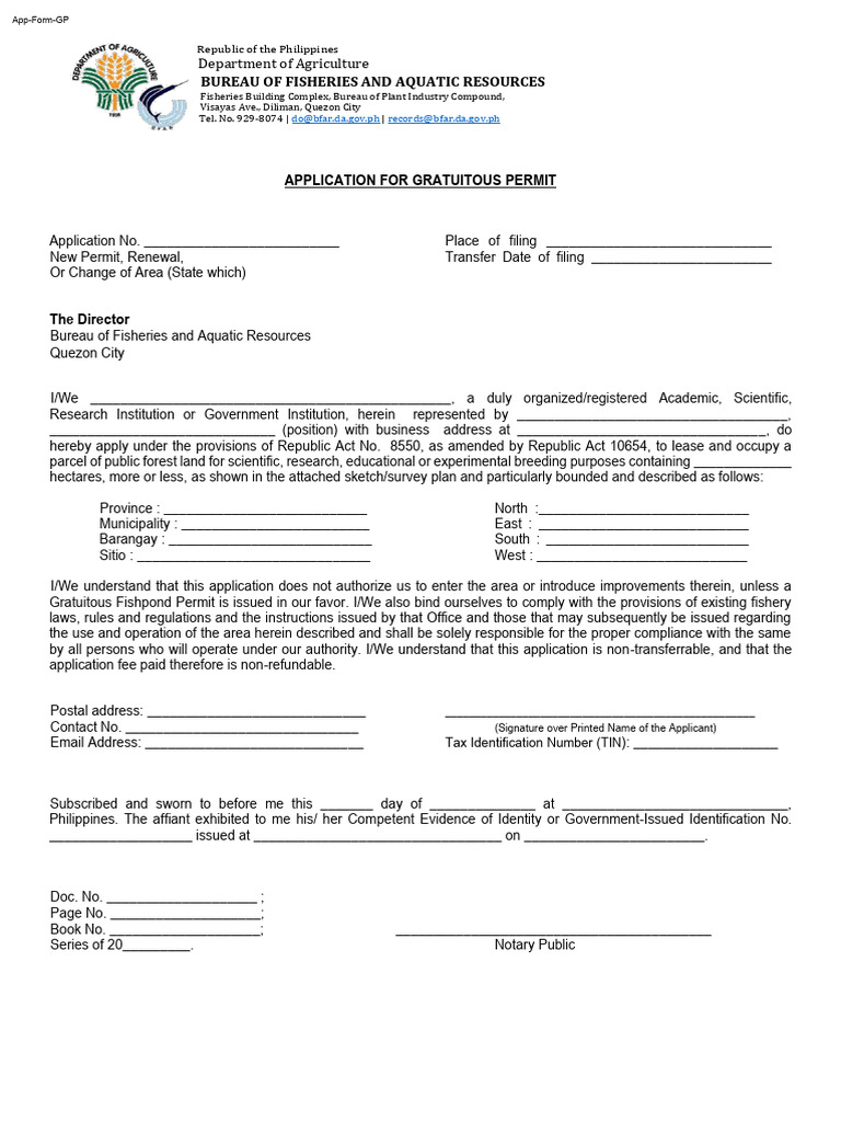 Application for Gratuitous Fishpond Permit | PDF