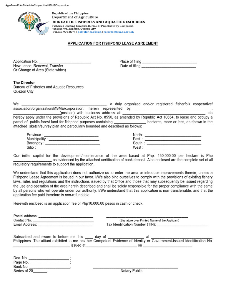 FLA Application Form for Fishpond Lease | PDF