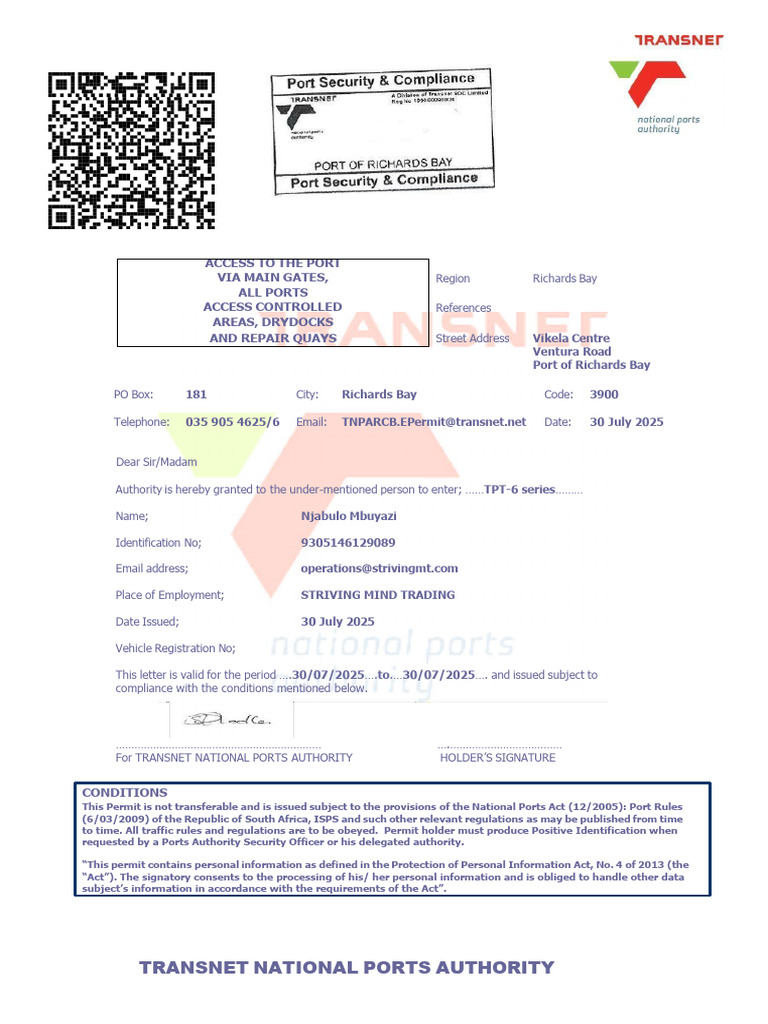 Port Access Permit Conditions South Africa | PDF