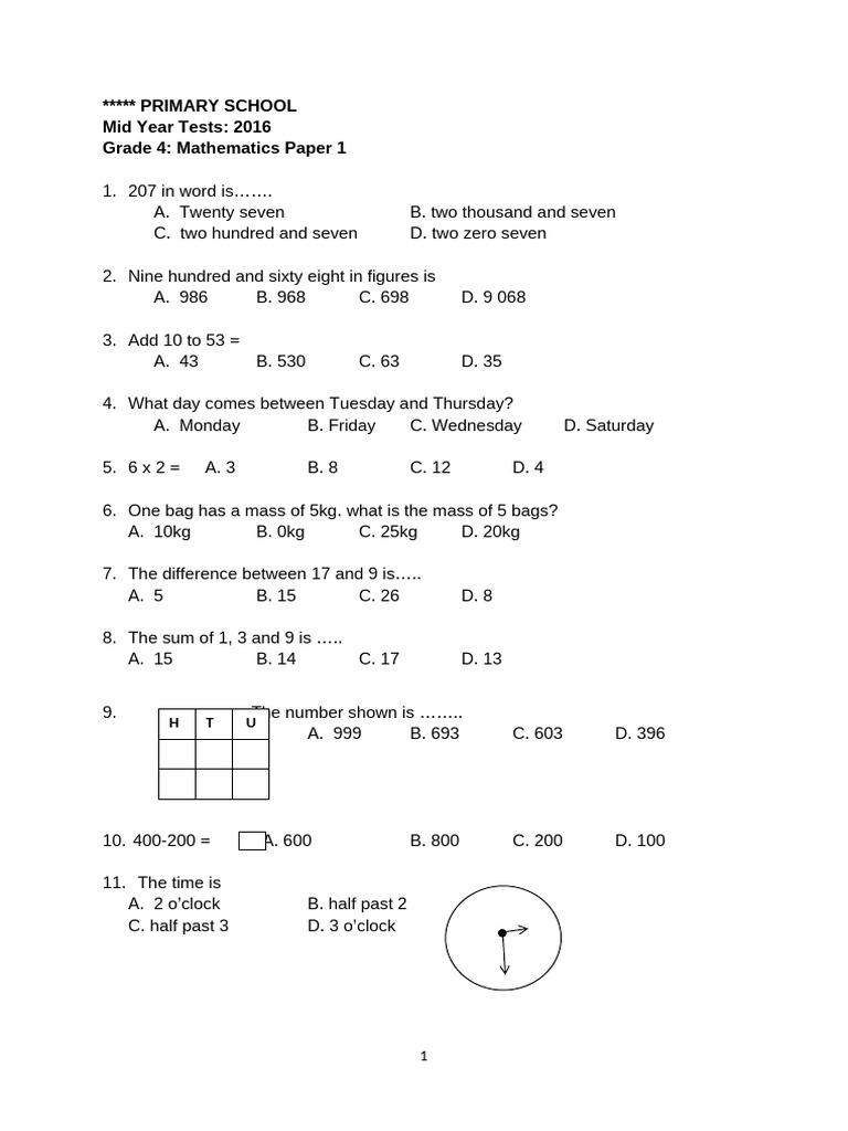 Grade 4 Maths Mid Year Test 2016 | PDF | Chess Openings | Chess Theory