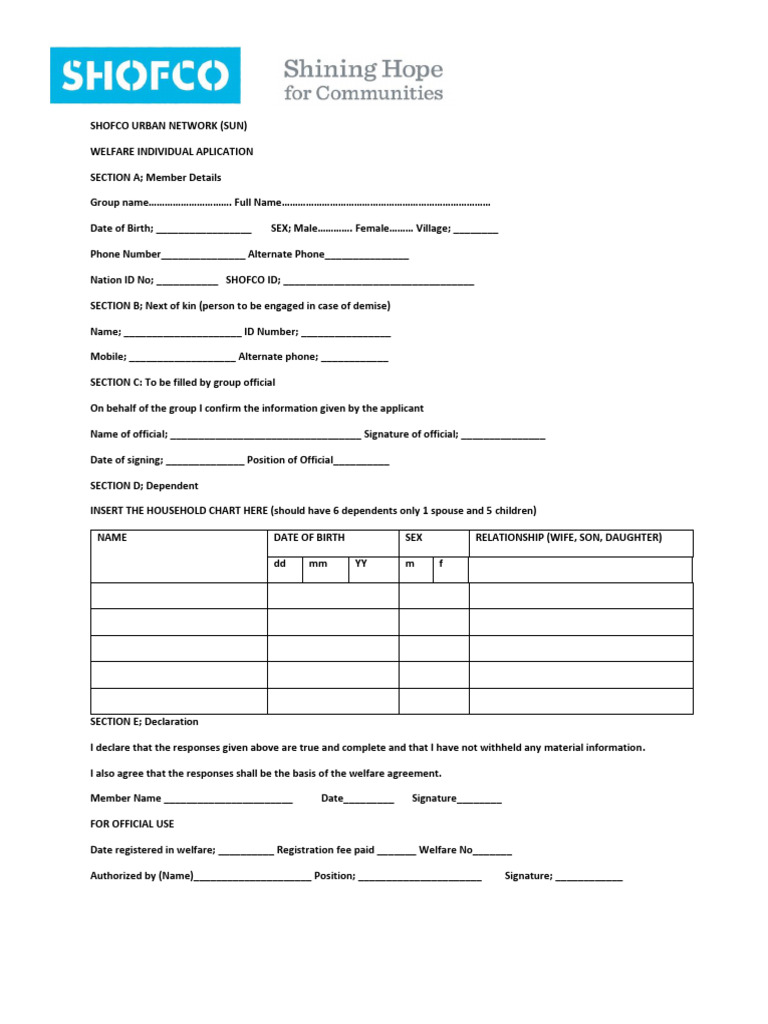 SHOFCO Welfare Individual Application Form | PDF