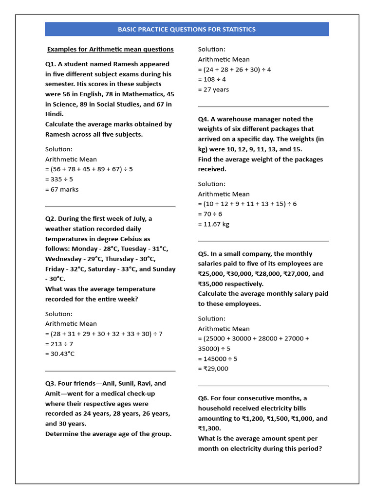 Basic Statistics Practice Questions | PDF | Mean | Average