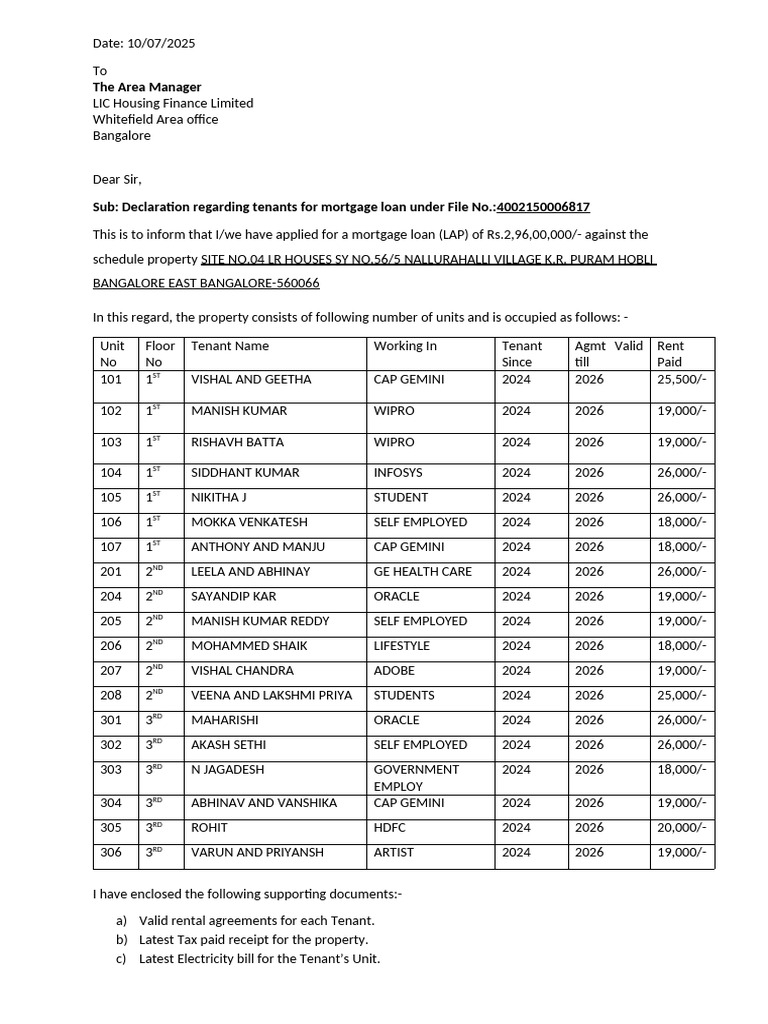 Tenant Declaration for Mortgage Loan | PDF | Leasehold Estate | Land Law